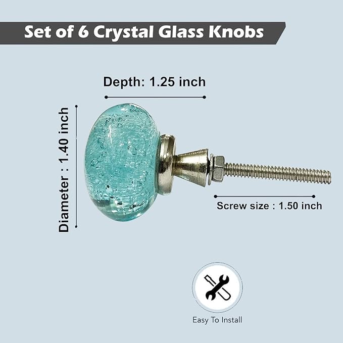 Perilla Home Set of 6 Crystal Bubble Knobs - Modern Light Blue Decorative Bubble Glass Pulls - for Home Decor Drawers, Knobs, Kitchen, Cabinet, Hardware, Cupboard, Door, Dresser, Wardrobe and Drawer