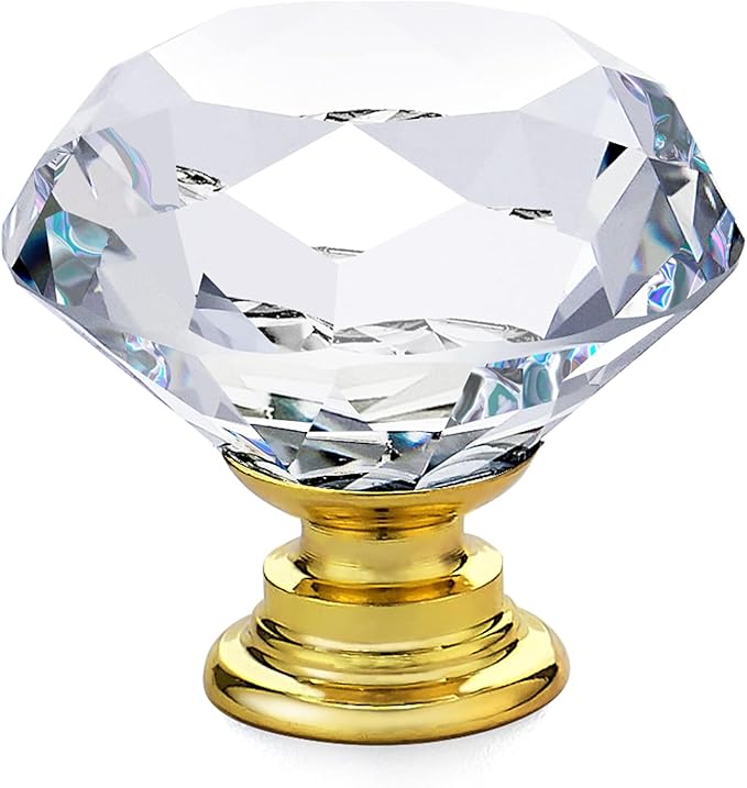 Ravinte 5 Pack Crystal Knobs for Dresser Drawers Glass Cabinet Knobs Diamond Shaped Drawer Knobs - 30 mm Knobs with Gold Base