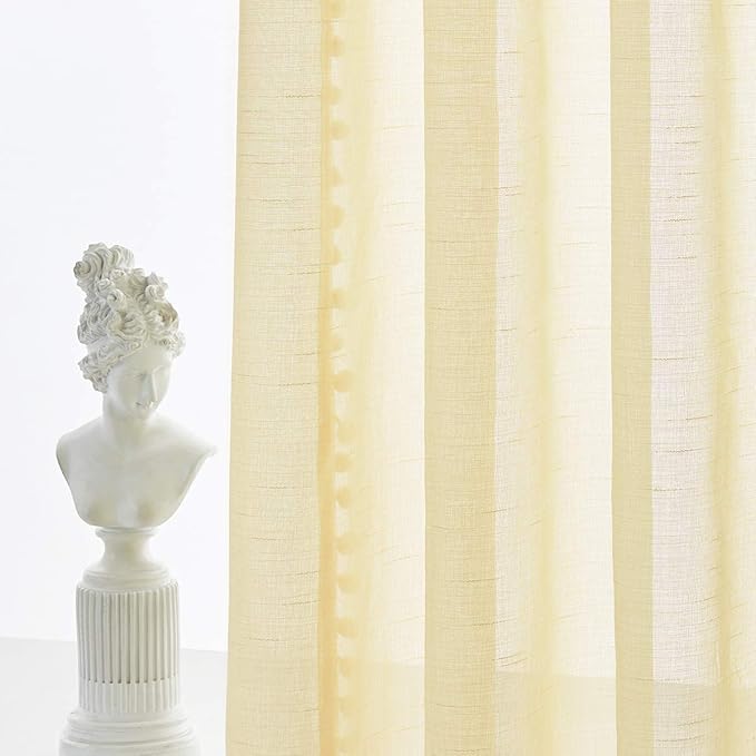 Treatmentex Pompom Sheer Yellow Curtains for Living Room Bedroom Nursery Room 72 inch Long Linen Texture Curtain Drapes for Kids Room 2 Panels Rod Pocket