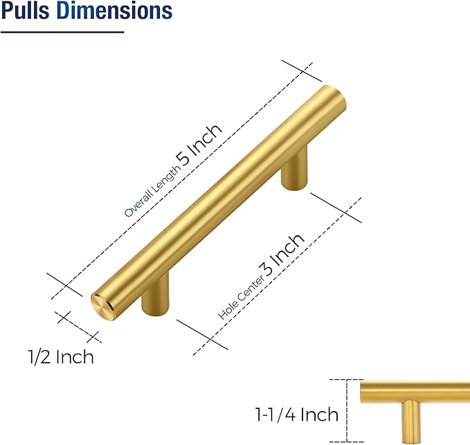 JOY DECOR 10 Pack Cabinet Handles, Gold Cabinet Pulls, 3 in Hole Center Kitchen Cabinet Handles, Stainless Steel T Bar Handles for Dresser Drawers