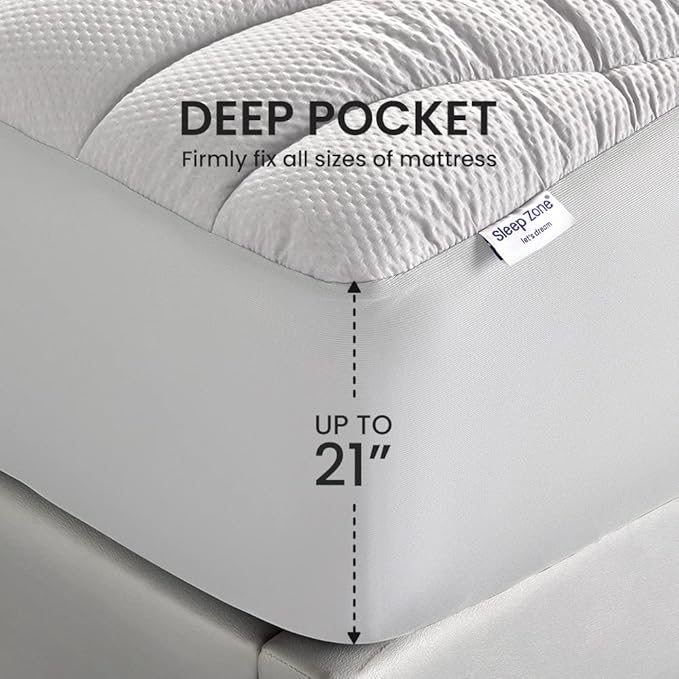 SLEEP ZONE Cooling Mattress Topper Cal King, Premium Zoned Quilted Mattress Pad, Pillow Top Mattress Protector Cover, Machine Wash Durable, Deep Pocket 8-21 inch, Silver Grey, Cal King