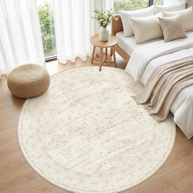 Round Area Rug Living Room: 6ft Washable Carpet Retro Beige | Vintage Boho - Image 4