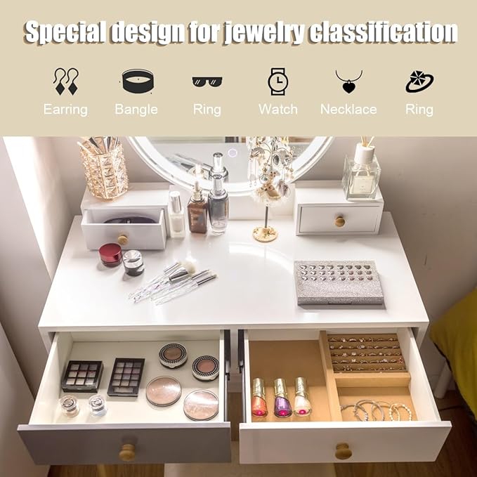 CHARMAID Vanity Set with Lighted Mirror, 3 Color Touch Screen Dimming Mirror, Adjustable Brightness, Bedroom Makeup Dressing Table with 4 Drawers and Cushioned Stool for Girls Women, White & Gray