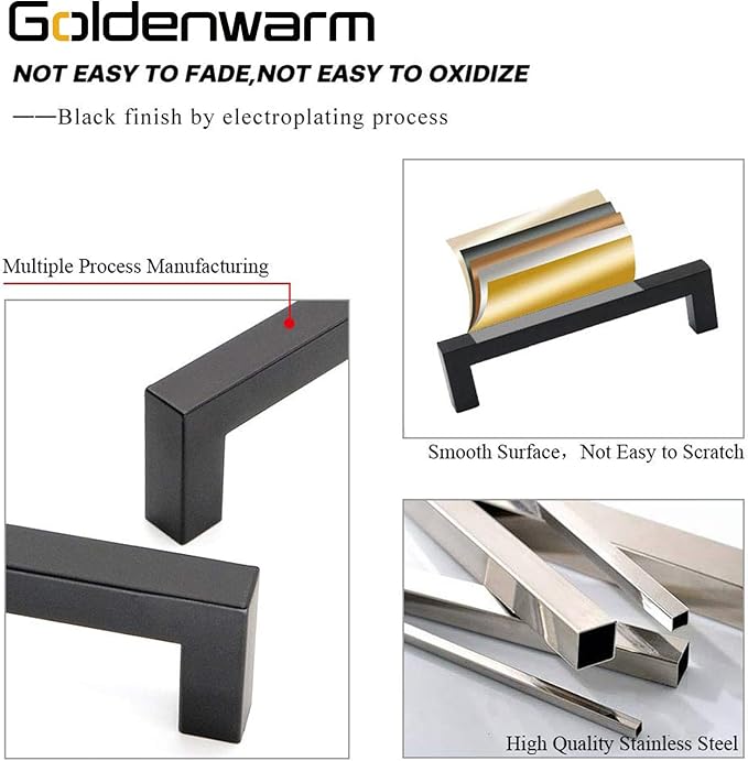 goldenwarm 200 Pack 5 Inch Black Cabinet Handles Matte Black Drawer Pulls Stainless Steel Cabinets Hardware Square Bar Modern for Kitchen Bathroom Cupboard