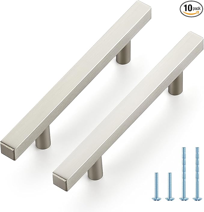 JOY DECOR 10 Pack 3-1/2 Inch Brushed Nickel Square Cabinet Handles Stainless Steel Cabinet Hardware Pulls for Kitchen and Drawers with 6 Inch Overall Length
