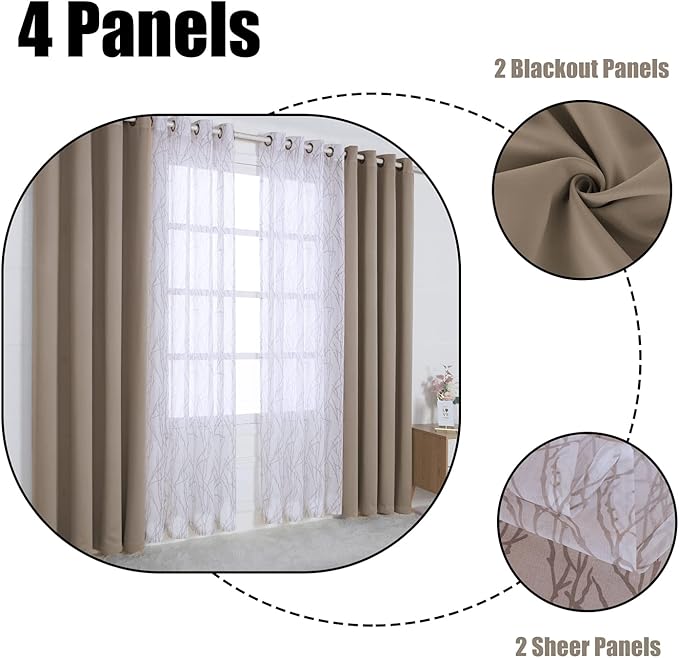BONZER Mix and Match Curtains - 2 Pieces Branch Print Sheer Curtains and 2 Pieces Blackout Curtains for Bedroom Living Room Grommet Window Drapes, 37x84 Inch/Panel, Taupe, Set of 4 Panels