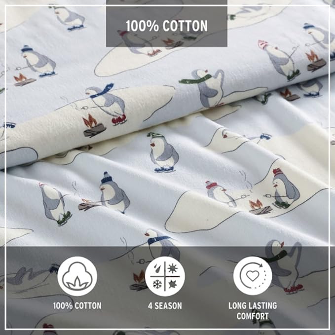 Eddie Bauer - Twin Sheets, Cotton Flannel Bedding Set, Brushed For Extra Softness, Cozy Home Decor (Skating Penguin, Twin)