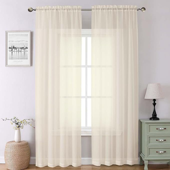 Cream Sheer Curtains 90 Inches Long 2 Panels, Elegant Light Filtering Voile by Lecloud