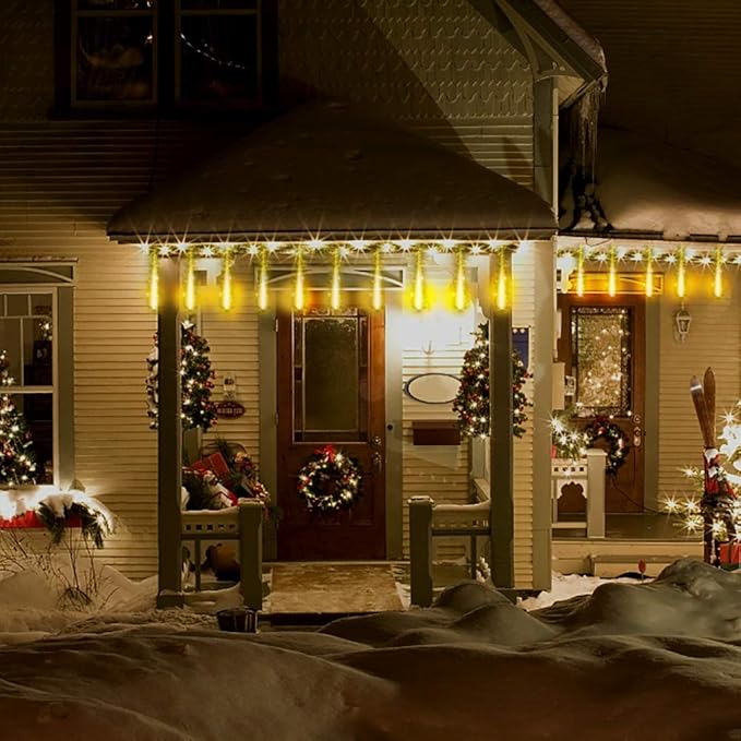 Kwaiffeo Warm White Christmas Icicle Lights, Meteor Shower Lights for Xmas Outdoor Tree Yard Thanksgiving New Year Decor, 8-Tube, UL Plug