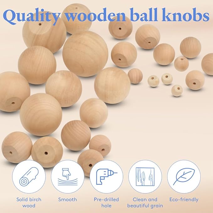 Wood Knobs, 1 Inch Round Natural Wood Drawer Pulls, Pack of 50 Unfinished Wooden Drawer Knobs, Ball Shaped Wood Cabinet Knobs, Nursery Dresser Knobs, Wood Door Knobs and Crafts