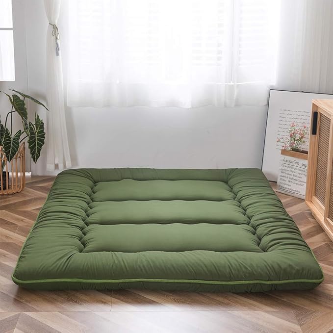 MAXYOYO Japanese Floor Mattress Futon Mattress, Thicken Tatami Mat Shiki Futon Sleeping Pad Foldable Roll Up Mattress Guest Mattress Pad Floor Lounger Bed, Green, King