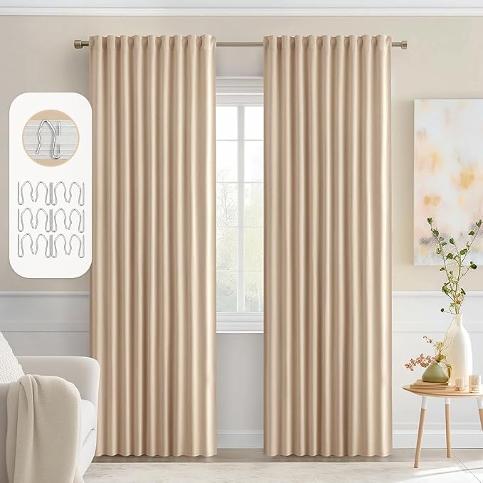 MIULEE Beige Back Tab Blackout Curtains 52x72 Inches Long 2 Panels Set | Rod by MIULEE