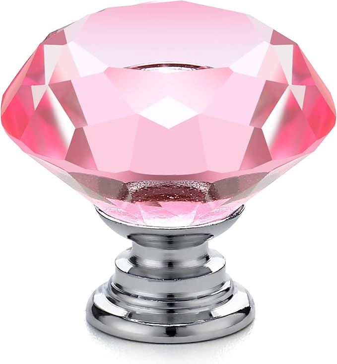 Ravinte 10 Pack Pink Crystal Knobs for Dresser Drawers Glass Cabinet Knobs Diamond Shaped Drawer Knobs - 30 mm Knobs with Silver Base