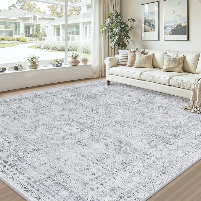 8x10 Area Rugs Living Room: Bedroom Neutral Washable Carpet Gray | Vintage Boho - Image 9