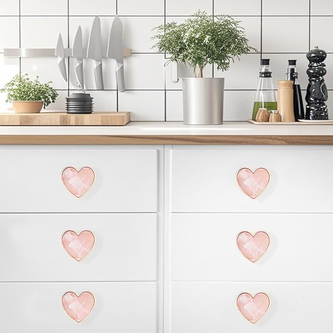 6 Pcs Brass Knobs Drawer Pulls Handles Heart-Shaped Gold Cabinet knobs, Suitable for Bathroom Drawer Kitchen Door Pulls Handles Heart-Shaped Handles (Pink)
