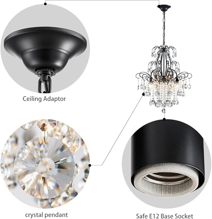 WUZUPS Crystal Chandelier 5-Light Pendant Ceiling Light Modern Lighting Fixture for Bedroom Hallway Bar Kitchen Bathroom, H 22.6'' x W 19.2'', E12 Base, Black