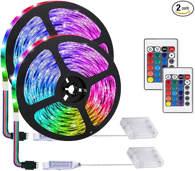 LED Strip with 24 Keys Remote Control, 2m Battery Powered Strip Lights for Party and DIY Decoration, 2 Pack