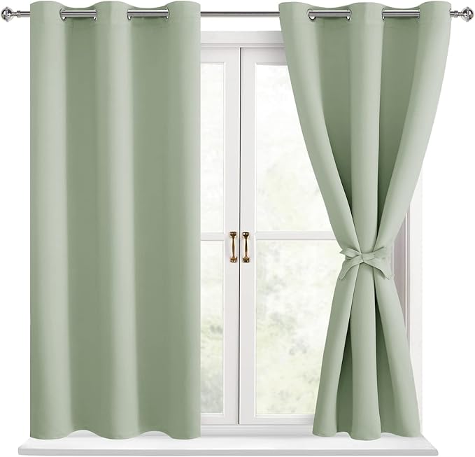 Short Blackout Curtains for Bedroom, Seafoam Green, 42 x 45 Inch | Thermal by Hiasan