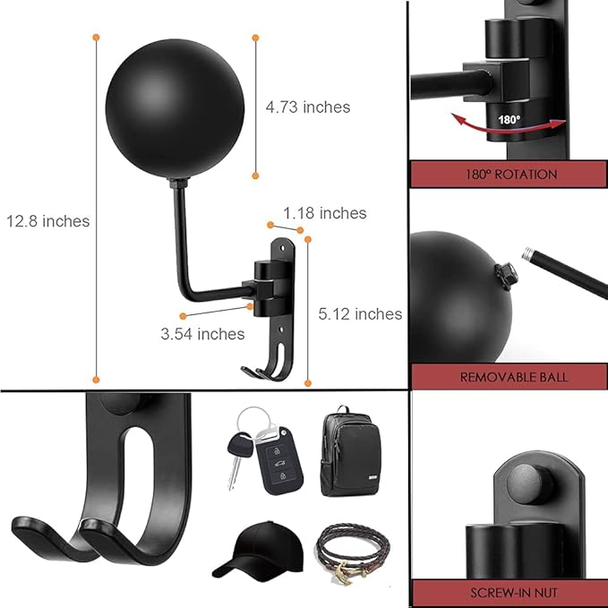 SANGMO 180° Motorcycle Helmet Rack, 4 Pack Rotation Metal Helmet Holder Wall Mount, Helmet Holder Bike with 2 Hooks Helmet Hanger for Motorcycle Bike Coats, Caps, Baseballs, Rugby Helmet (Black)