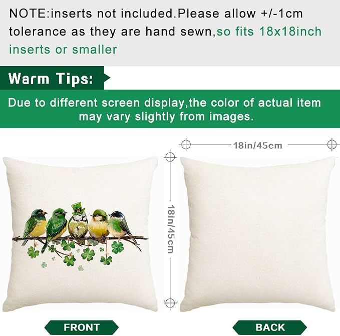 RABUSOFA St.Patricks Day Pillow Covers 18x18 Inch, Birds Shamrock Decorations - Image 7