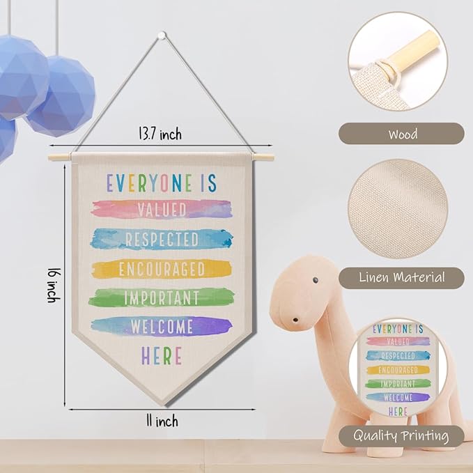 Everyone Is Welcome Here Sign Boho Classroom Decor Rainbow Decorations Canvas Hanging Pennant Flag Banner Wall Sign Decor for Playroom Bedroom