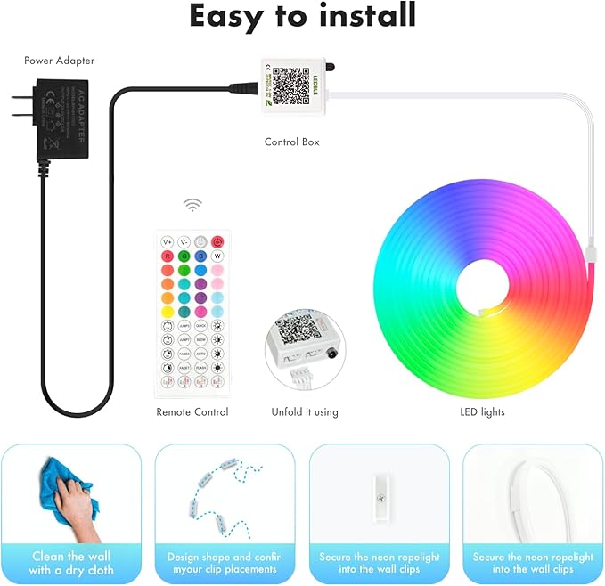 Neon Rope Lights, JIAMEI 65.6FT RGB LED Strip Lights, App Control, IR Remote, Music Syncing, Outdoor IP67 Waterproof, Flexible Strip Cuttable for Bedroom, Gaming, Party(2 Rolls of 32.8FT)