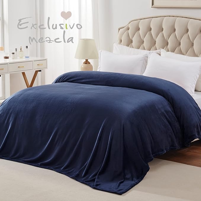 Exclusivo Mezcla Fleece Blanket King Size for Bed, Super Soft and Warm, All Season Use, Cozy, Plush, Lightweight, 90x104 Inches, Navy Blue