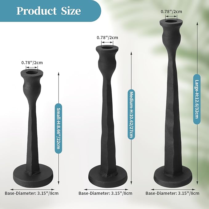 Heavy Duty Cast Iron Black Candlestick Holders Set of 3,Tall Taper Candle Holders,Table Vintage Decor Centerpiece Candle Holders for Fireplace Party Dining Home