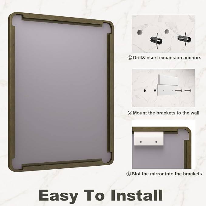 48x36 Bronze Framed Bathroom Mirror, Rectangle Brushed Bronze Metal Vanity Mirror, Large Modern Mirror for Wall, Rounded Corner, Tempered Glass, Anti-Rust, Shatterproof (Horizontal/Vertical)