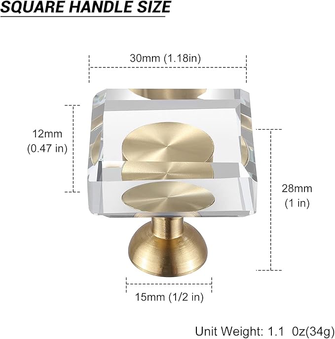 6-Pack 1-1/4-Inch White Cabinet Glass Crystal knobs Brass Drawer Round Knobs Dresser Pulls, Gold Hardware Kitchen Closet knobs for Bifold Doors (Square-1.2inch, 6-Pack)