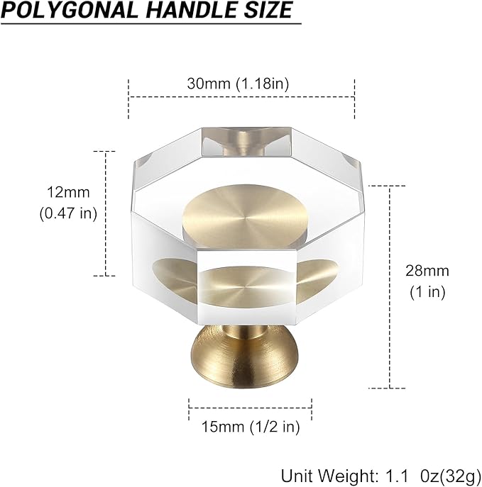 6-Pack 1-1/4-Inch Gold knob Dresser knobs White Cabinet Glass Crystal knobs Brass Drawer Polygonal Dresser Pulls, Drawer pulls