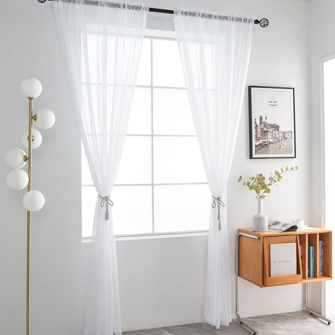 SpaceDresser White Kitchen Sheer Valance Curtains 30 Inch, Voile Sheer Cafe - Image 2