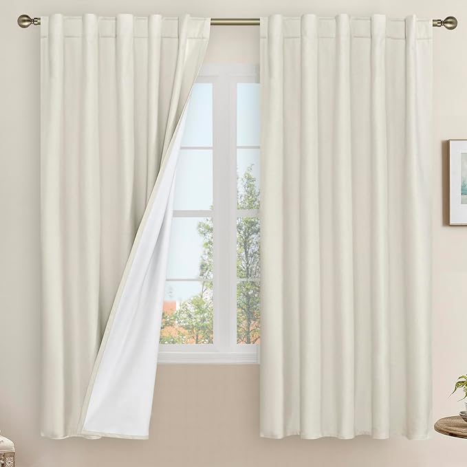 Natural 100% Blackout Linen Curtains 63 Inches 2 Panels, 42 x 63 Inch | Ivory by LAMIT