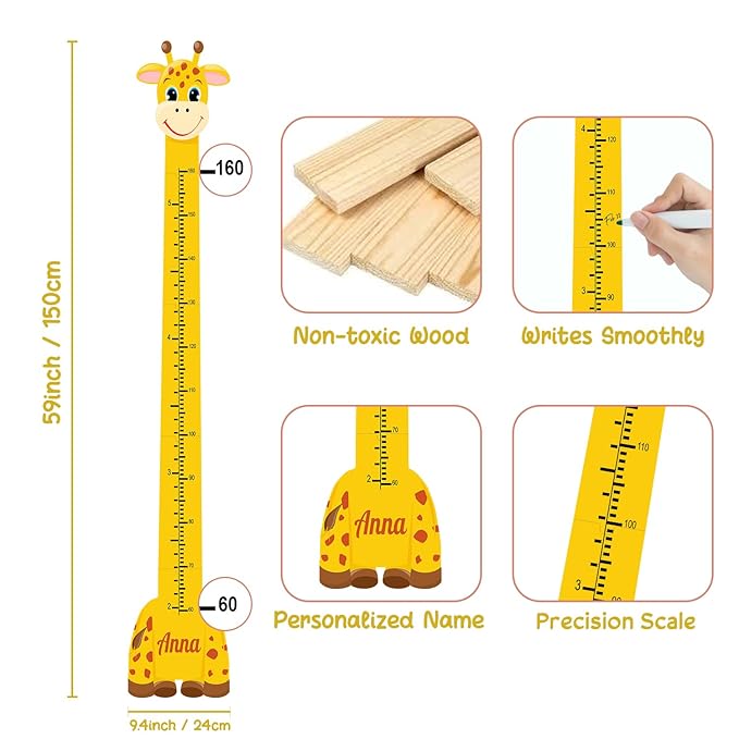 Personalized Growth Chart for Wall, Wooden Height Chart for Kids, Cute Height Measurement for Child/Girls/Boys, Baby and Toddler's Playroom/Kid's Room/Nursery Decor, Giraffe