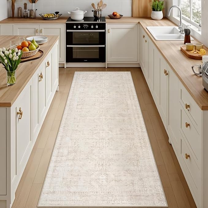 2'6''x8' Hallway Washable Runner Rug: Neutral Kitchen Carpet Beige | Vintage by Luxturiy