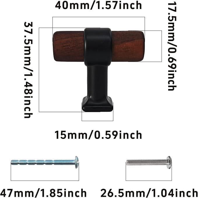 4Pcs 1.57” Walnut Wood Drawer Pulls, Single Hole Kitchen Cabinet Hardware Handles, Metal and Wooden Cabinet Knobs, T Bar Knob Pull Handles for Wardrobe, Dresser, Cupboard