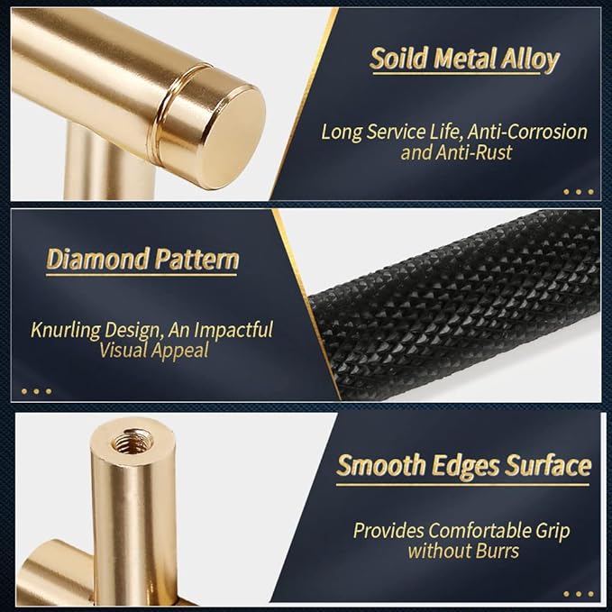 Knurled Cabinet Pulls 6 Pack, 16 Inch Long Cabinet Handles Metal Door Pulls, Kitchen Drawer Pull Knurled Dresser Handles - 10" Hole to Hole, Black & Gold