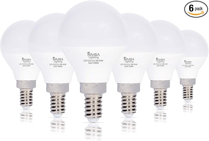 Simba Lighting LED Candelabra E12 Base G14 Small Globe 5 Watt 40W Replacement Light Bulb (6 Pack) for Ceiling Fan, Chandelier, Vanity, Round A15 Frosted White Cover, Non-Dimmable, 5000K Daylight