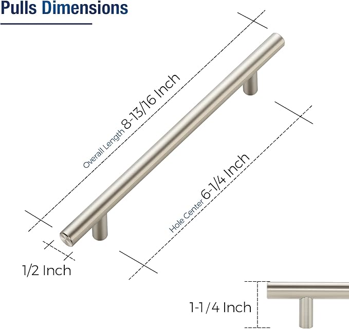 JOY DECOR 60 Pack Cabinet Handles, Brushed Nickel Cabinet Pulls, 6-1/4 in Hole Center Kitchen Cabinet Handles, Stainless Steel T Bar Handles for Dresser Drawers