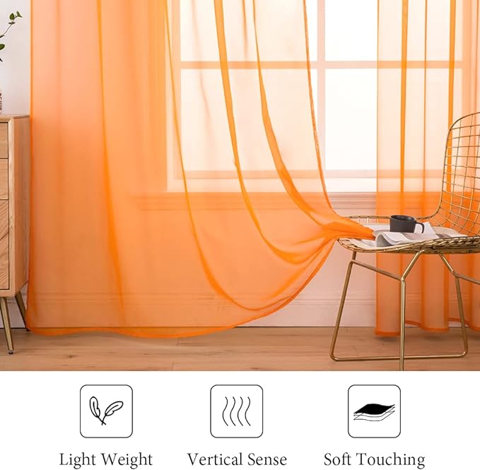 MIULEE Orange Fall Sheer Curtains 54 X 72 Inches, 2 Panels | Solid Color - Image 4