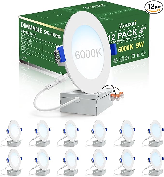 zouzai 12 Pack 4 Inch 6000K Ultra-Thin LED Recessed Light with Junction Box, 9W 810lm Dimmable,Ra>85 High Brightness - ETL an Energy Star Certified