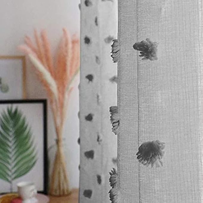 MYSKY HOME Pom Pom Grey Sheer Curtains for Bedroom Girls Room Curtains 120 Inches Long for Nursery Kids Light Filtering Boho Window Drapes, Rod Pocket, 38" Wide, 2 Panels