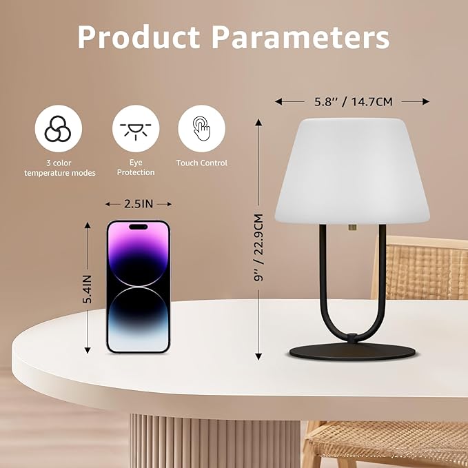 FUYO Small Bedside Table Lamp for Bedroom, Water-Resistant Rechargeble Shower Lamp, Dimmable Touch Control Lamps, Night Light for Bathroom Living Room Patio Camping, 9in(Black)