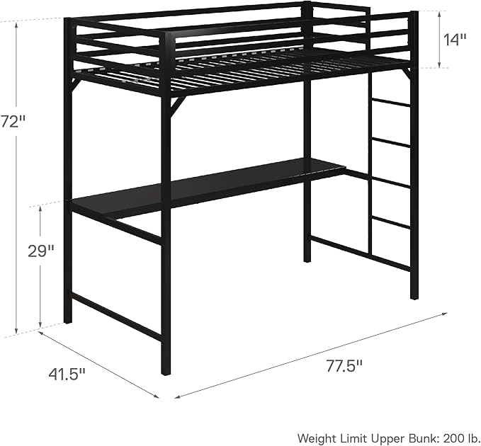 DHP Miles Metal Twin Loft Bed with Desk, Black