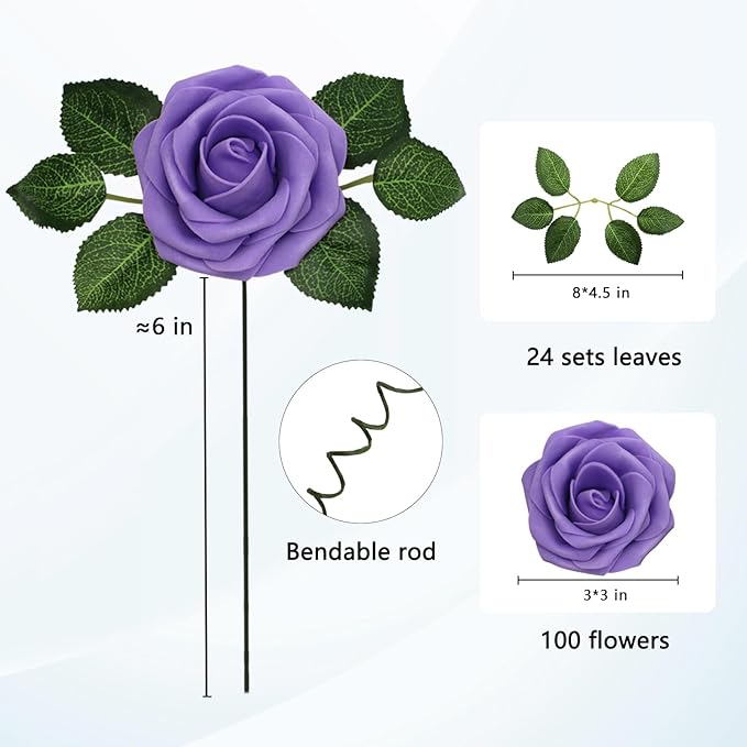JOYLEX Purple Artificial Flowers Realistic Roses, 100pcs Real Looking Fake Roses with Stem for DIY Wedding Bouquets Centerpieces Bridal Shower Party Home Romantic Decorations (Purple)