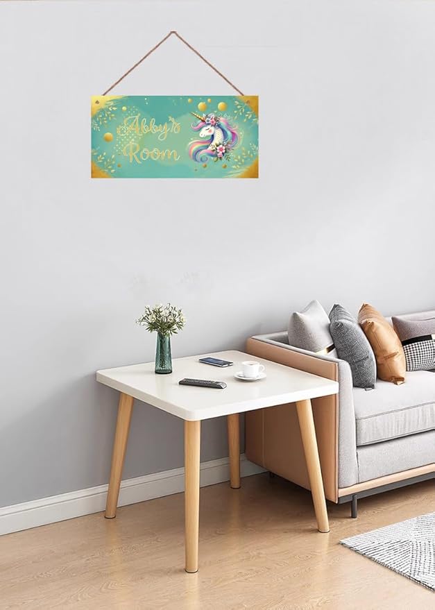 Personalized Magic Rainbow Unicorn Door Sign Girls Bedroom Kids Nursery Wall Decor Custom Name Art Wooden Plaque For Home Kitchen Garden Yard Wall Front Door Decor