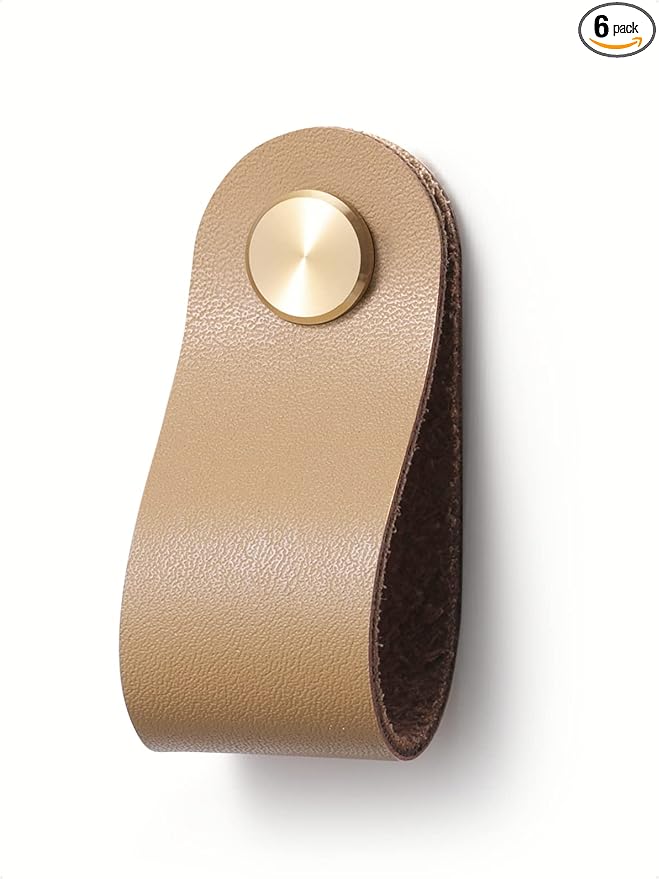 Khaki Leather Drawer Pulls 6 Pack Leather Handles Cabinet knobs for Kitchen Cabinet Drawers Bathroom Dressers…