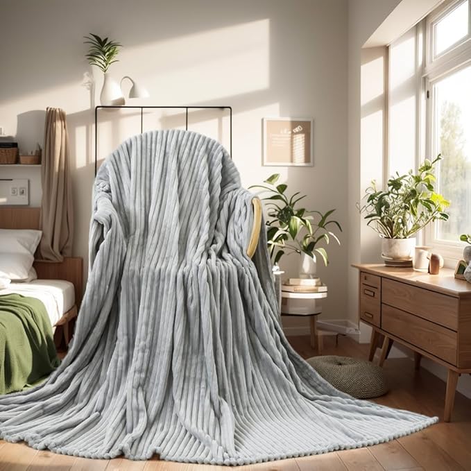 Queen Size Cuddly Fluffy Fleece Blanket, Warm and Soft with Striped Pattern, 90x90 Inches, Ash Grey
