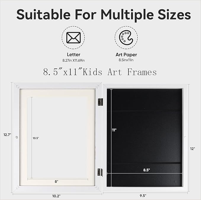 Kids Artwork Frame - Changeable Front Opening, Holds 150 Art Projects, 8.5x11 Picture Display With Storage (White)