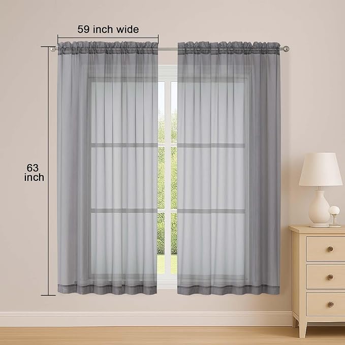 Sheer Grey Curtains, Sheer Curtains 63 inch Length 2 Panels Set, Rod Pocket - Image 2